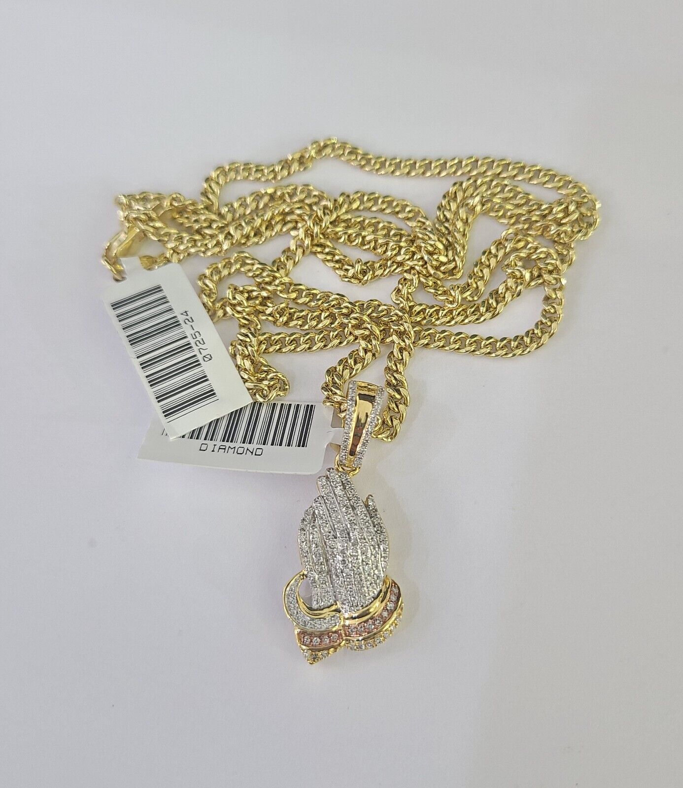 Real 10k Gold Necklace Chain Diamond Praying Hands Charm SET 3mm Miami Cuban