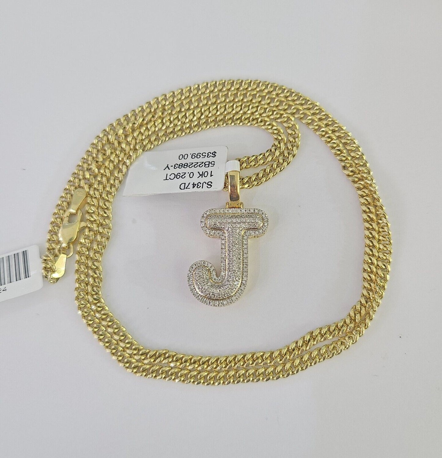 Real 10k Gold Necklace Chain Diamond J Alphabet Charm SET 3mm Miami Cuban Link