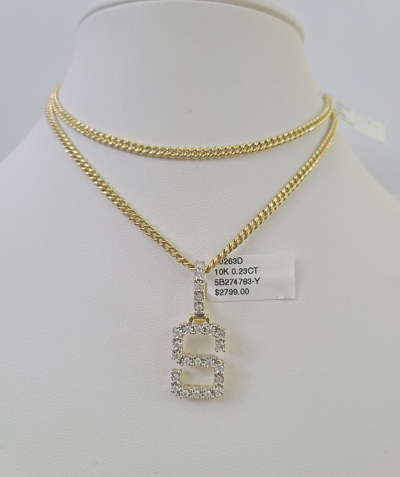 Real 10k Gold Necklace Chain Diamond S Alphabet Charm SET 3mm Miami Cuban Link