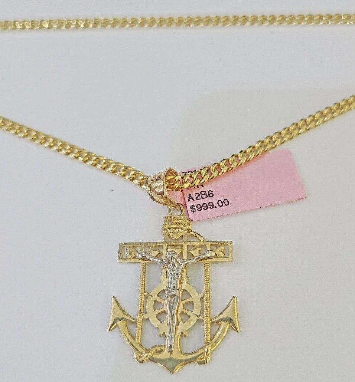 Real 14k Yellow Gold Jesus Anchor Charm Pendant &Miami Cuban Link Chain Necklace
