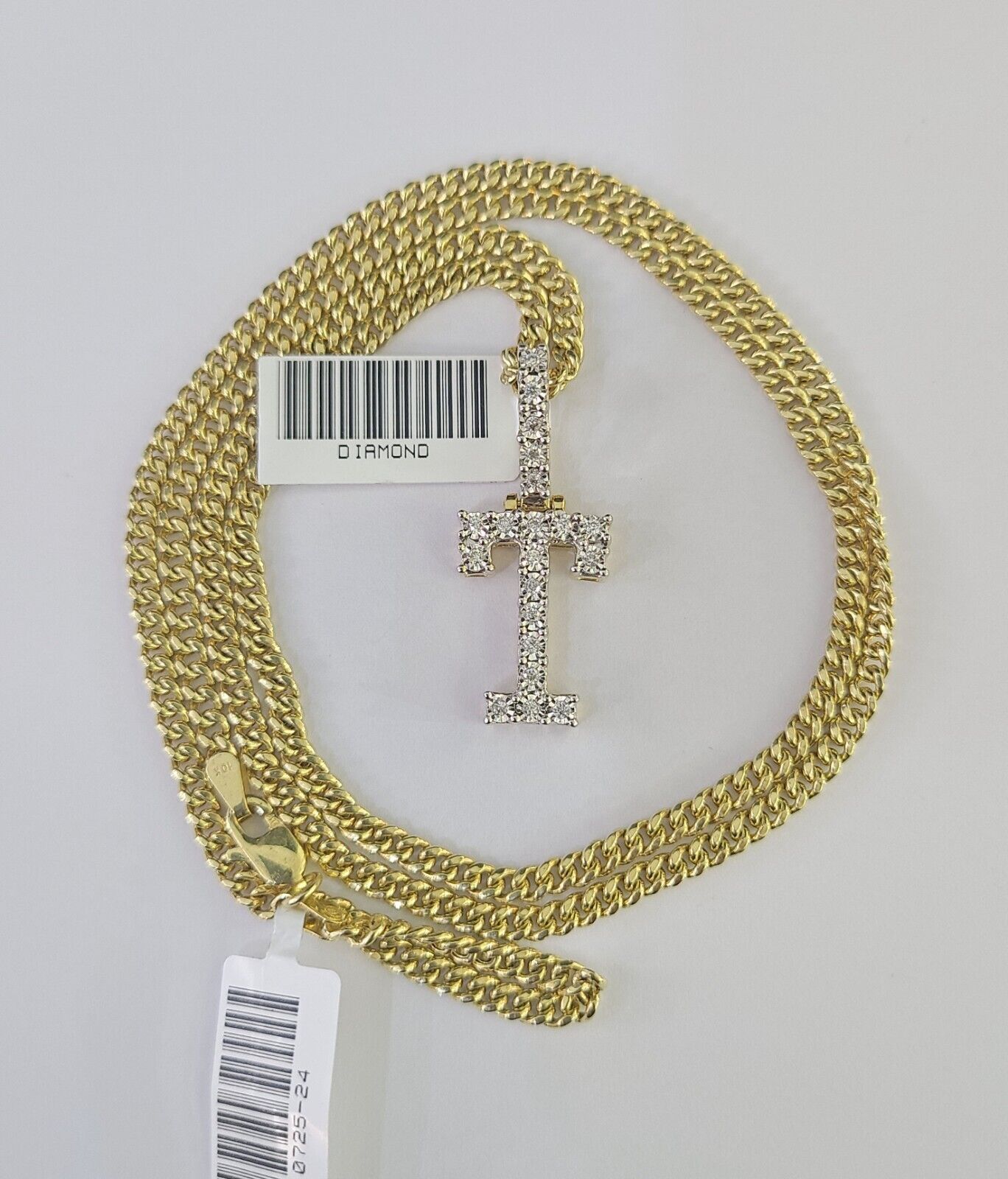 Real 10k Gold Necklace Chain Diamond T Alphabet Charm SET 3mm Miami Cuban Link