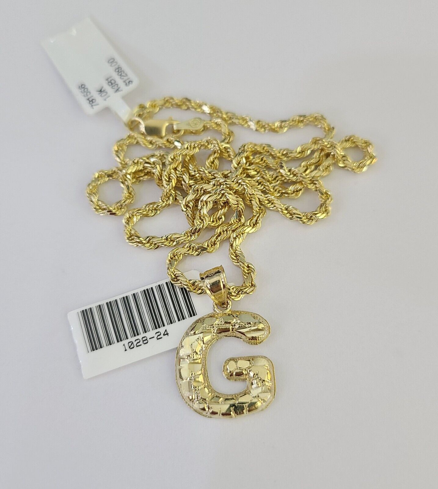 10k Gold Initial G Charm Rope Chain 16"-26" 2.5mm SET Necklace Alphabet Pendant