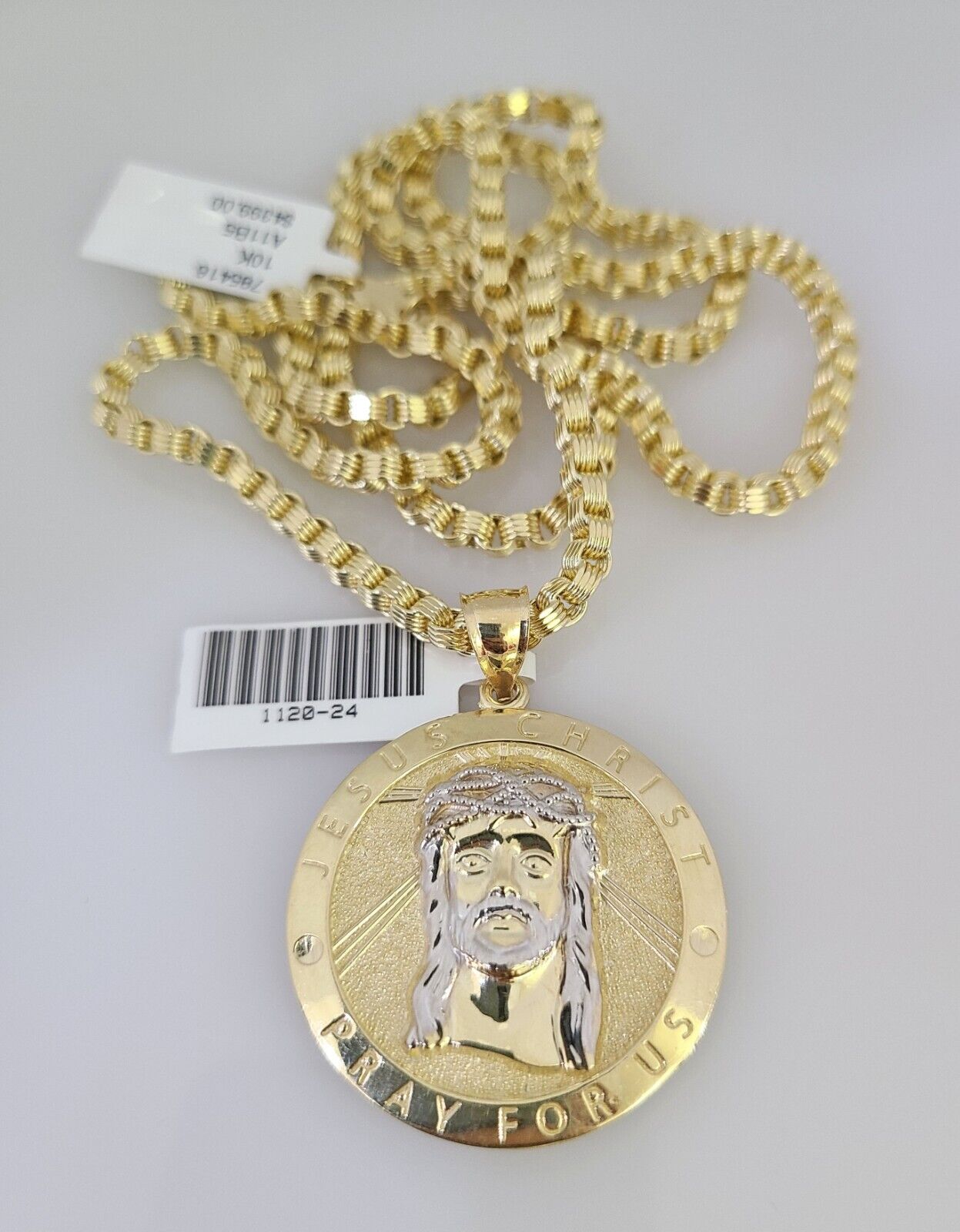 Real 10k Gold Byzantine Chain Jesus Charm Pendant SET 3mm 28 Inch Mens Necklace