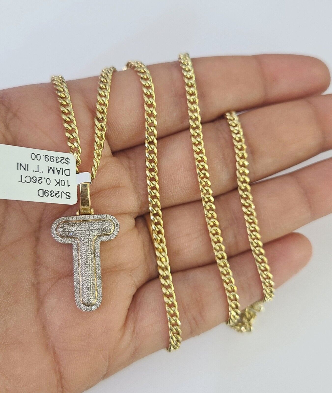 Real 10k Gold Necklace Chain Diamond T Alphabet Charm SET 3mm Miami Cuban Link