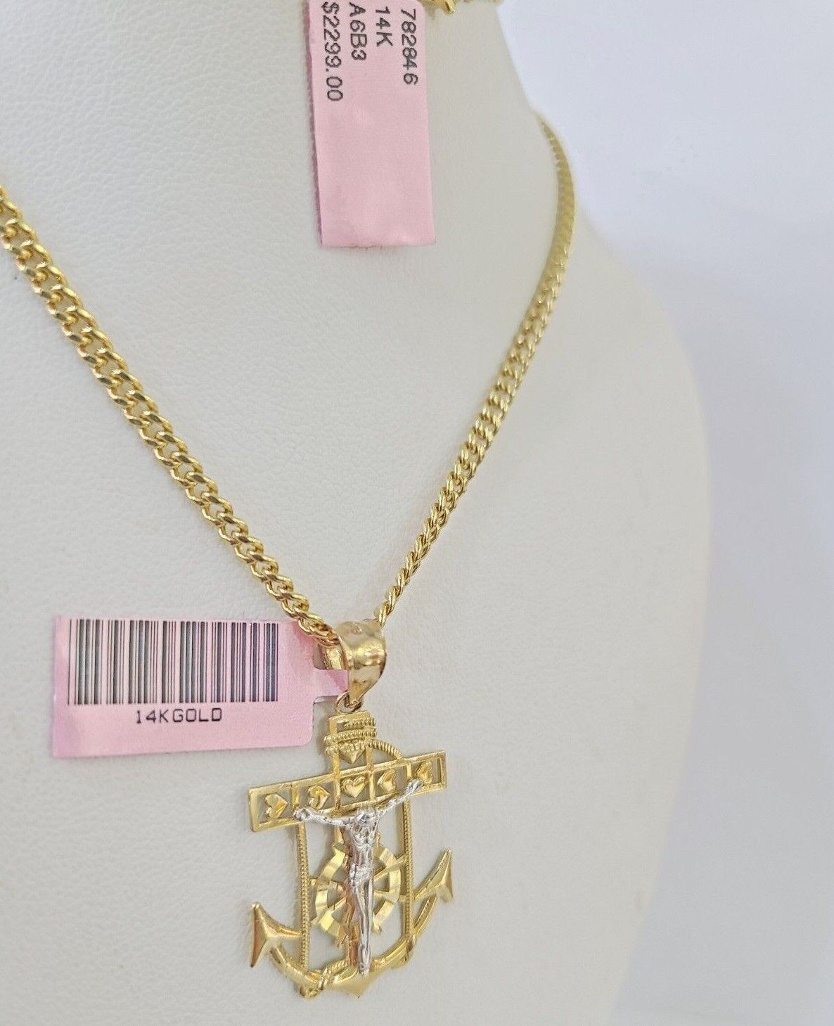Real 14k Yellow Gold Jesus Anchor Charm Pendant &Miami Cuban Link Chain Necklace