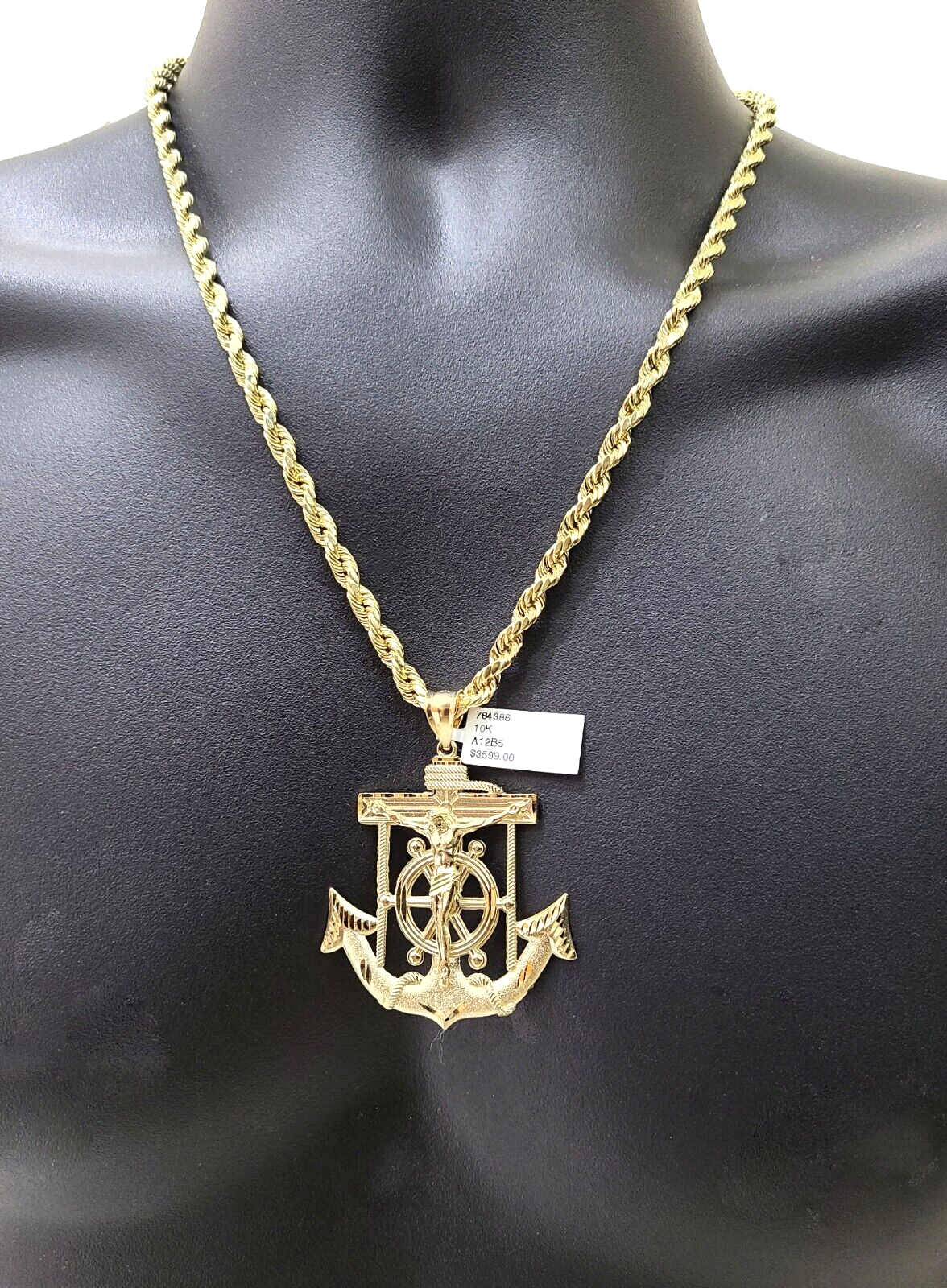 Real 10k Yellow Gold Rope Chain 22'' Necklace anchor cross charm pendant