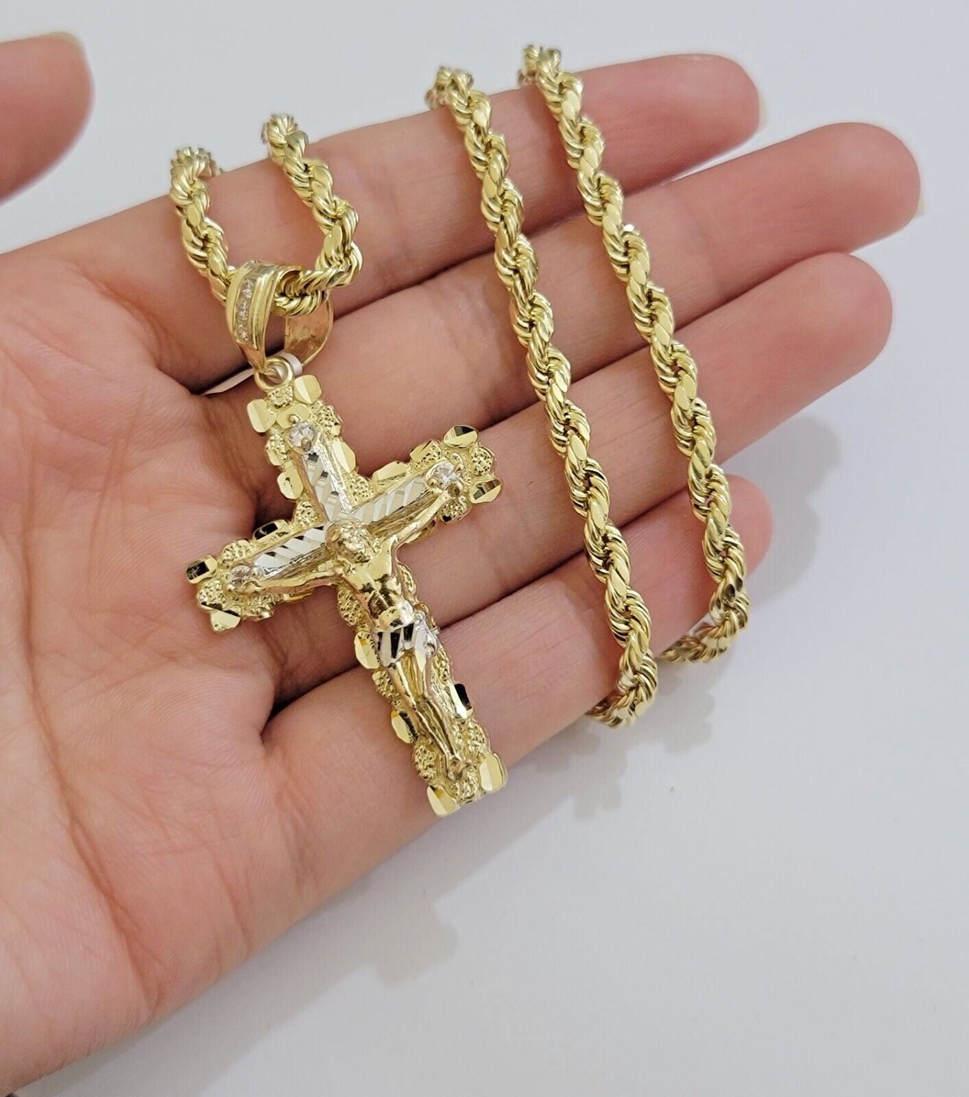 Real 10k Gold Rope Chain Jesus Cross Charm SET 4mm 20'' Necklace & Pendant Men's