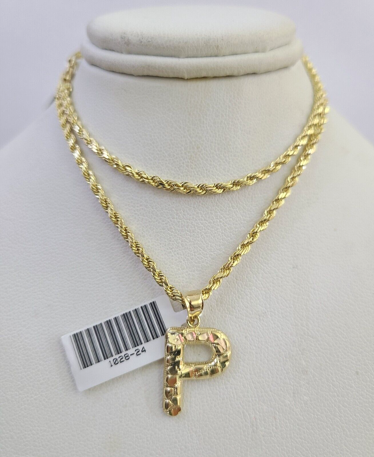 10k Gold Initial P Charm Rope Chain 16"-26" 2.5mm SET Necklace Alphabet Pendant