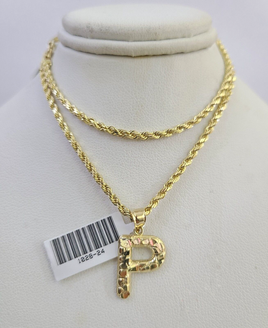 10k Gold Initial P Charm Rope Chain 16"-26" 2.5mm SET Necklace Alphabet Pendant