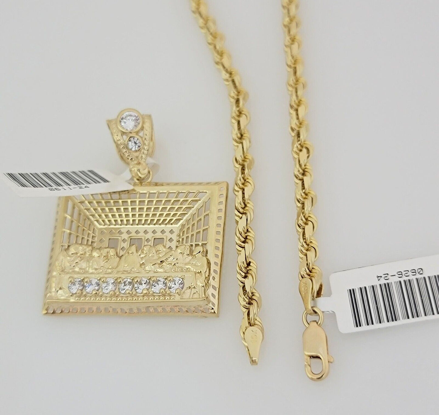 Real 10k Gold Chain Pendant SET Last supper Charm Solid Rope Necklace 4mm 20-28"