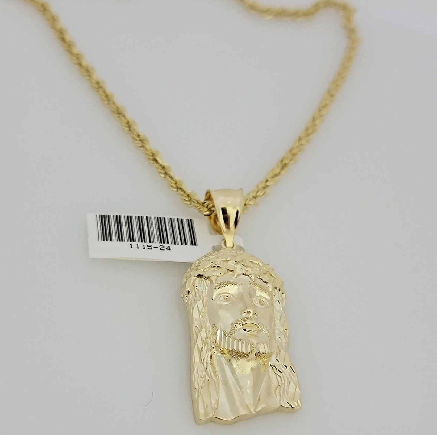 Real 10k Gold Rope Chain Jesus Face Charm Pendant Set 3mm Necklace 24 Inch SOLID