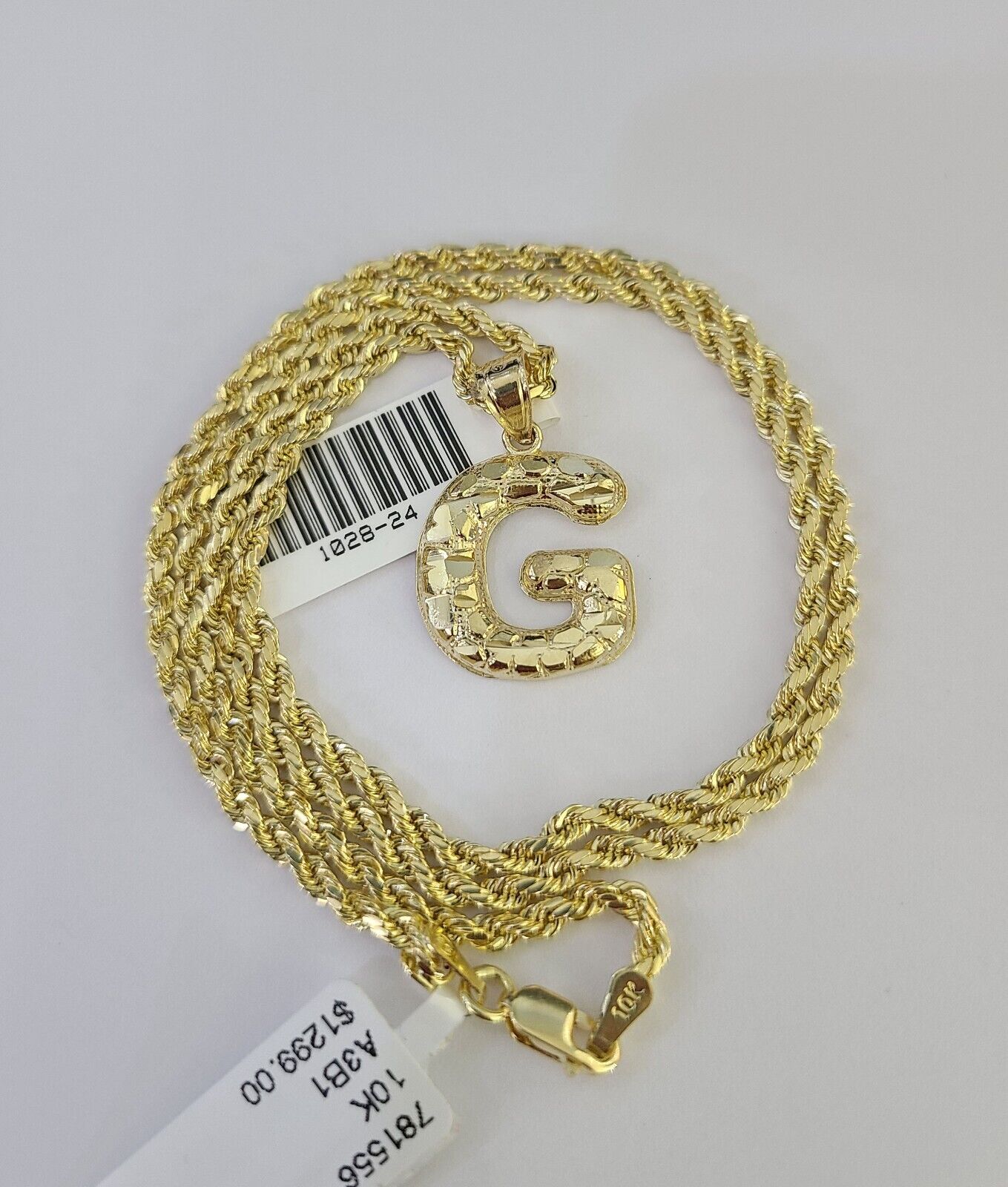 10k Gold Initial G Charm Rope Chain 16"-26" 2.5mm SET Necklace Alphabet Pendant