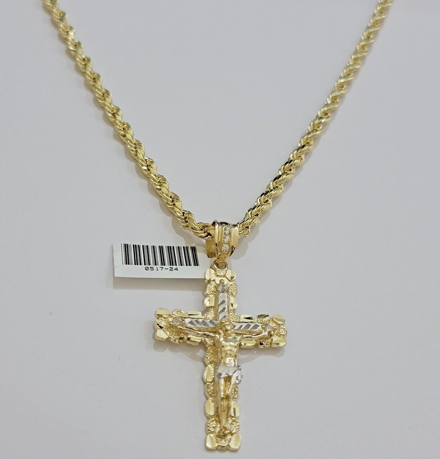 Real 10k Gold Rope Chain Jesus Cross Charm SET 4mm 20'' Necklace & Pendant Men's