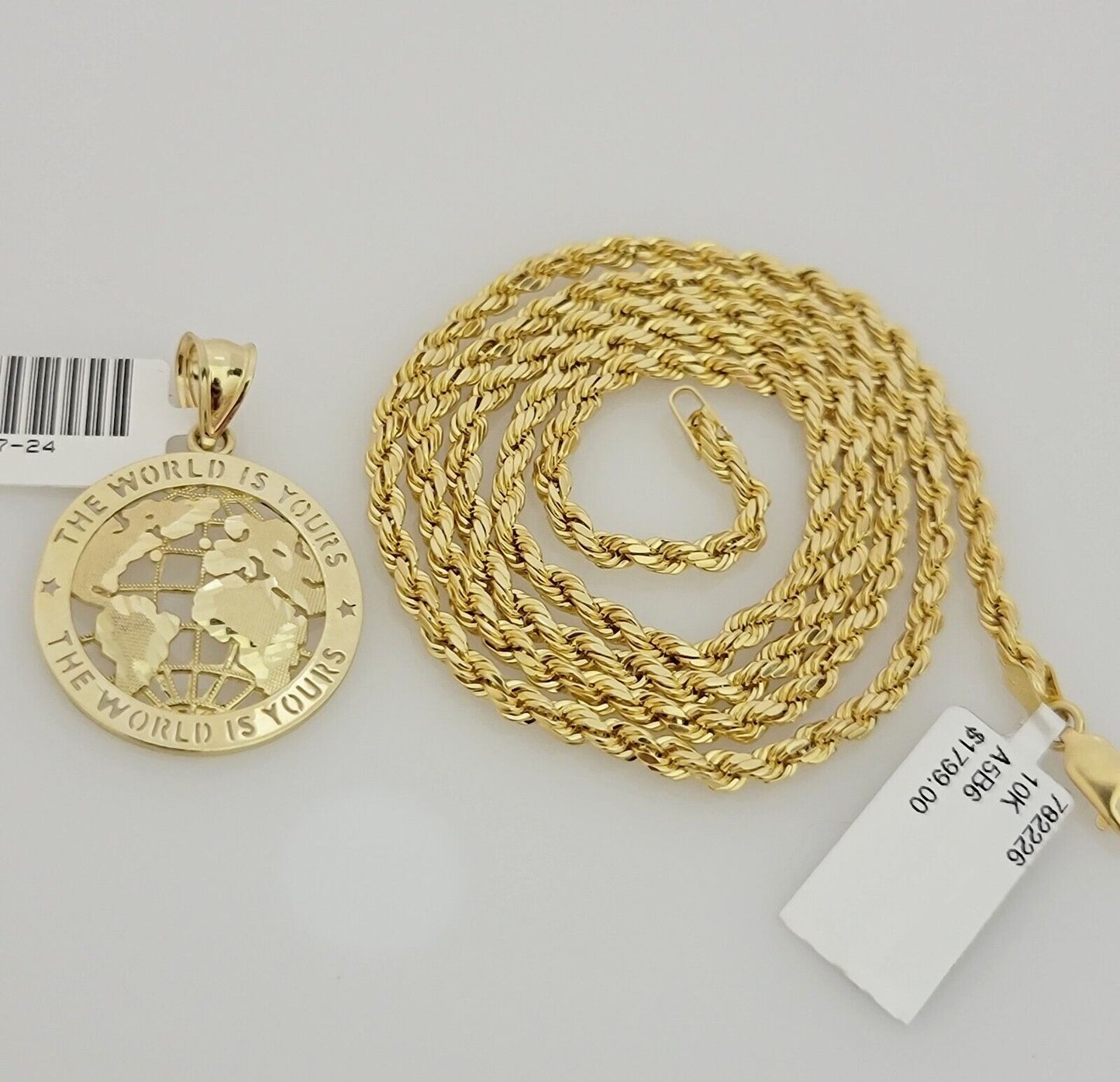 Real 10k Gold Chain Pendant SET World Is Your Charm Rope Necklace 3mm 26 Inch