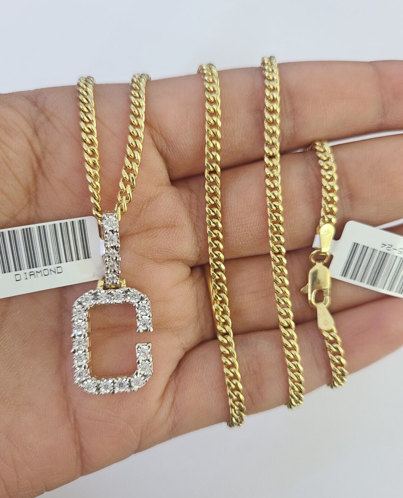Real 10k Gold Necklace Chain Diamond C Alphabet Charm SET 3mm Miami Cuban Link