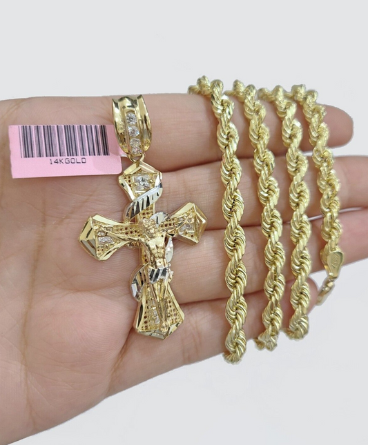 Real 14k Yellow Gold Rope Chain 5mm 28'' Necklace Jesus Cross Charm Pendant 14kt