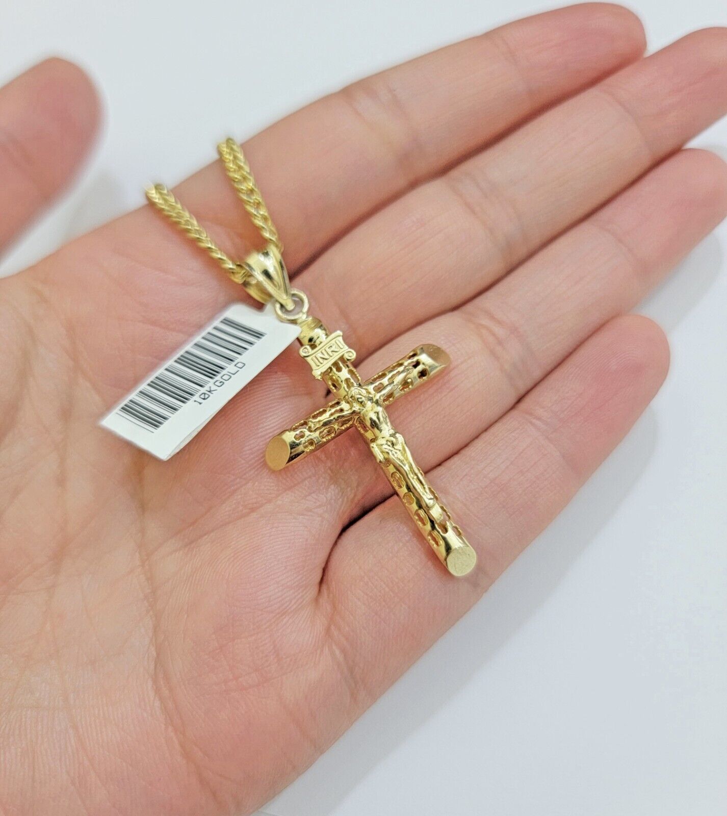 Real 10k Gold Chain Jesus Cross Charm Pendant SET 3mm Miami Cuban Link Necklace