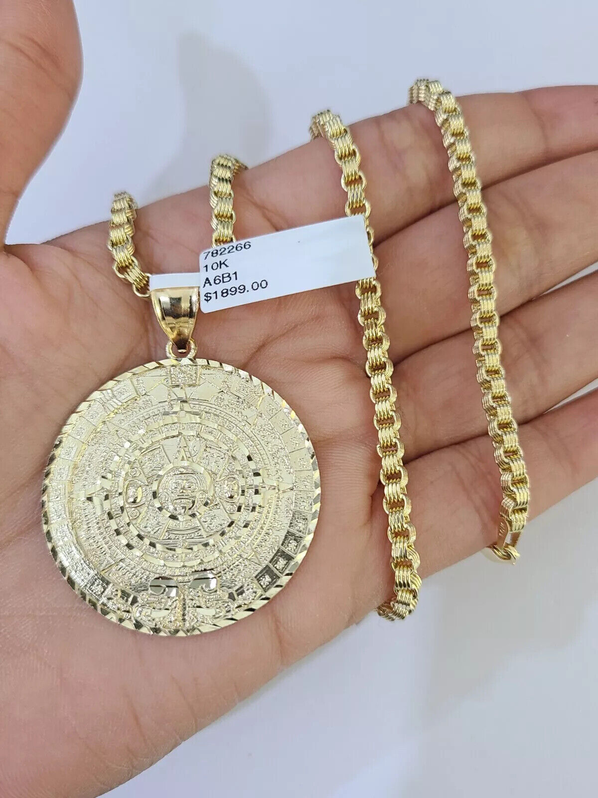 Real 10k Gold Chain pendant Set Byzantine Necklace 3mm Mayan Calendar charm 10kt 18"-28"