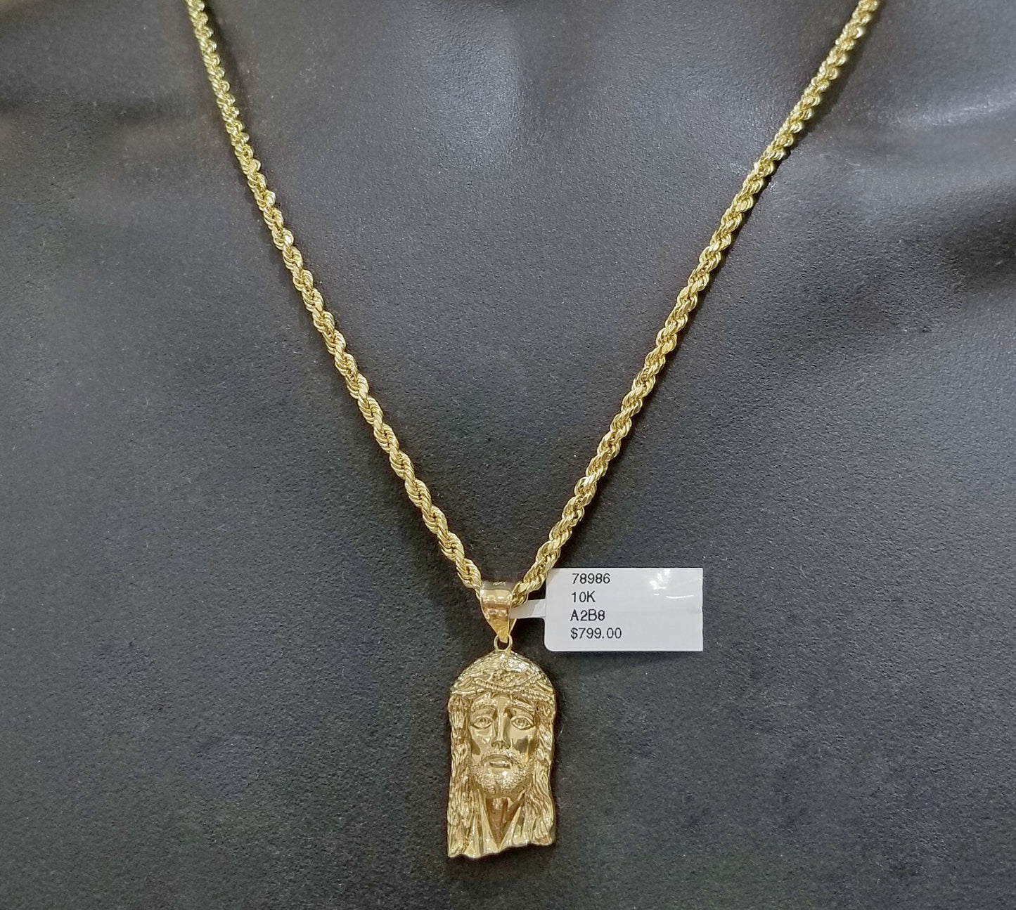 Real 10k Yellow Gold 3mm Rope Chain 20" inch Necklace And Jesus Head Pendant