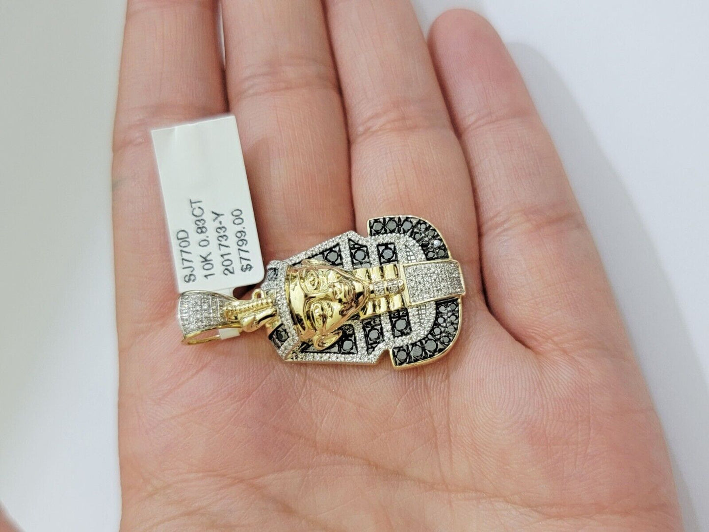 Real 10k Yellow Gold Pharoah Head Charm Pendant With black & White Diamonds Mens