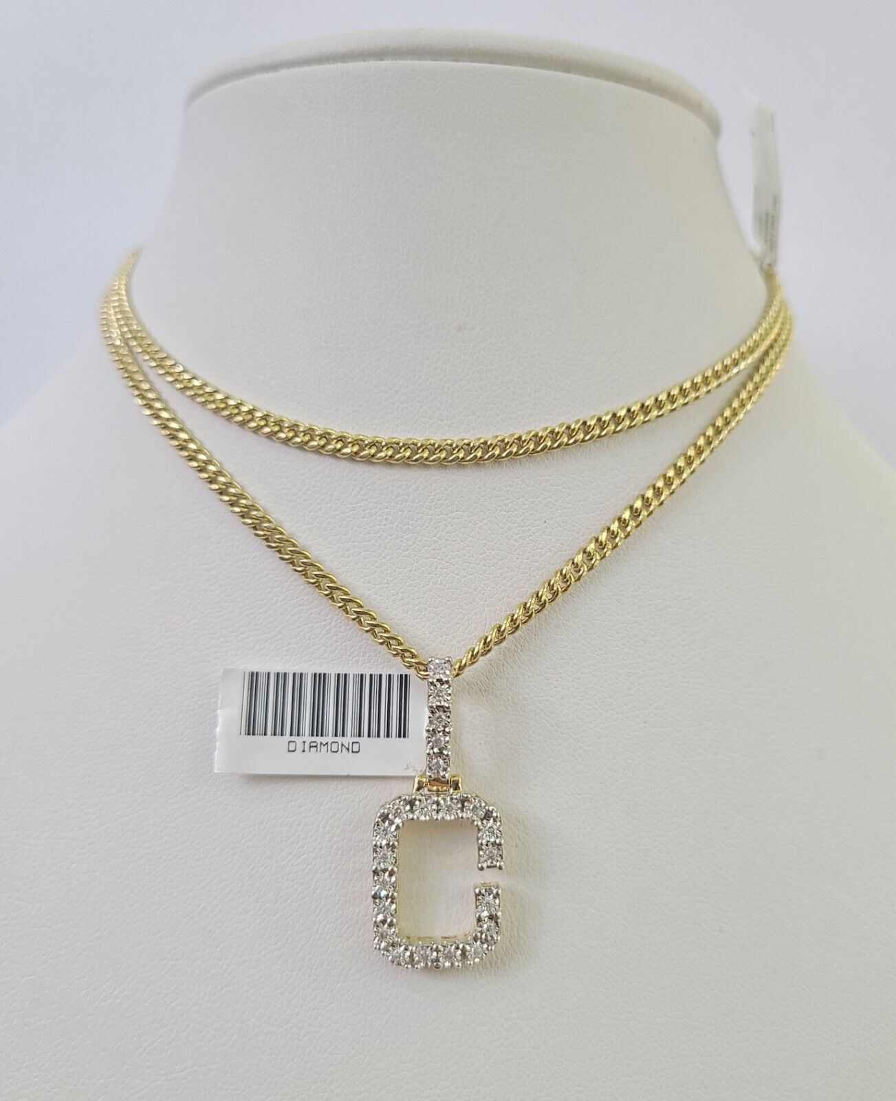 Real 10k Gold Necklace Chain Diamond C Alphabet Charm SET 3mm Miami Cuban Link