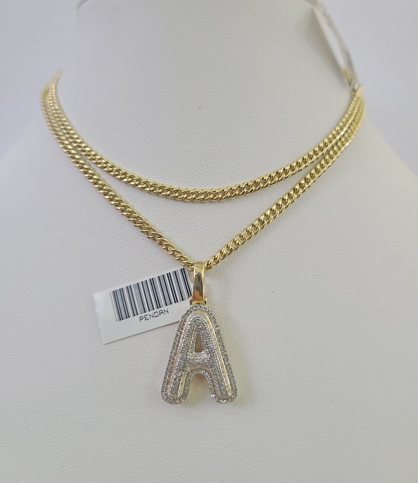 Real 10k Gold Necklace Chain Diamond A Alphabet Charm SET 3mm Miami Cuban Link