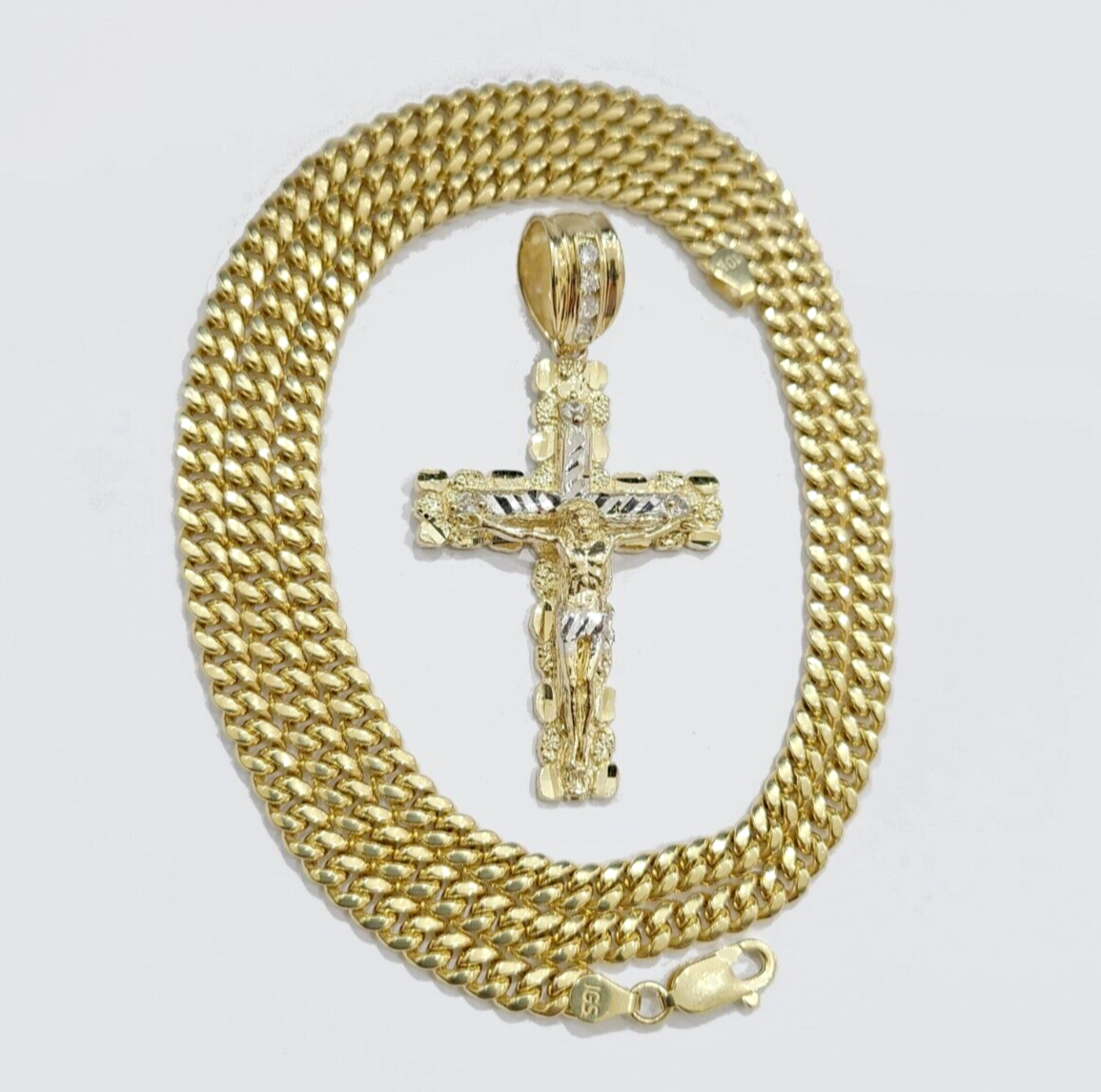 Real 10k Gold Cross Pendant Necklace 26 Inch SET Chain 5mm Miami Cuban Link 10KT