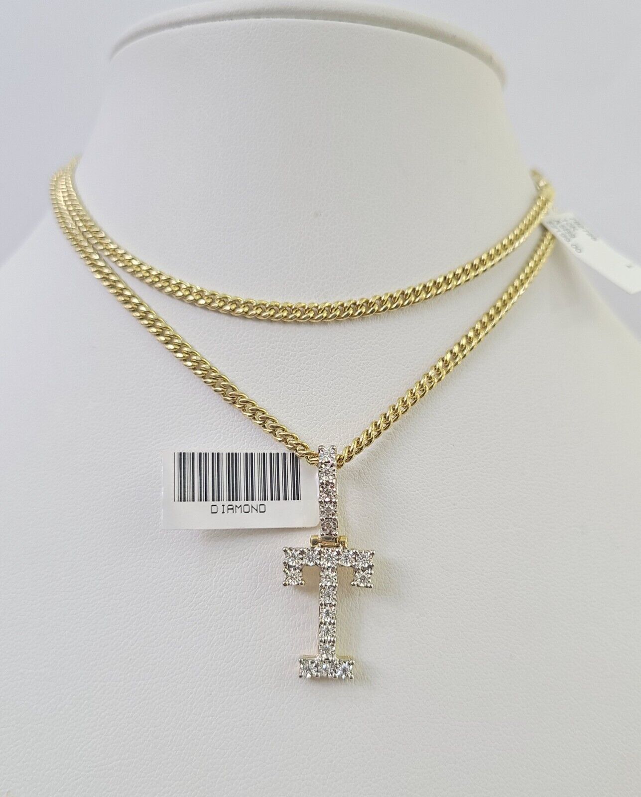 Real 10k Gold Necklace Chain Diamond T Alphabet Charm SET 3mm Miami Cuban Link