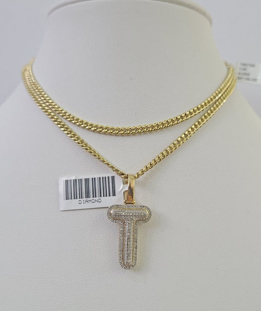 Real 10k Gold Necklace Chain Diamond T Alphabet Charm SET 3mm Miami Cuban Link