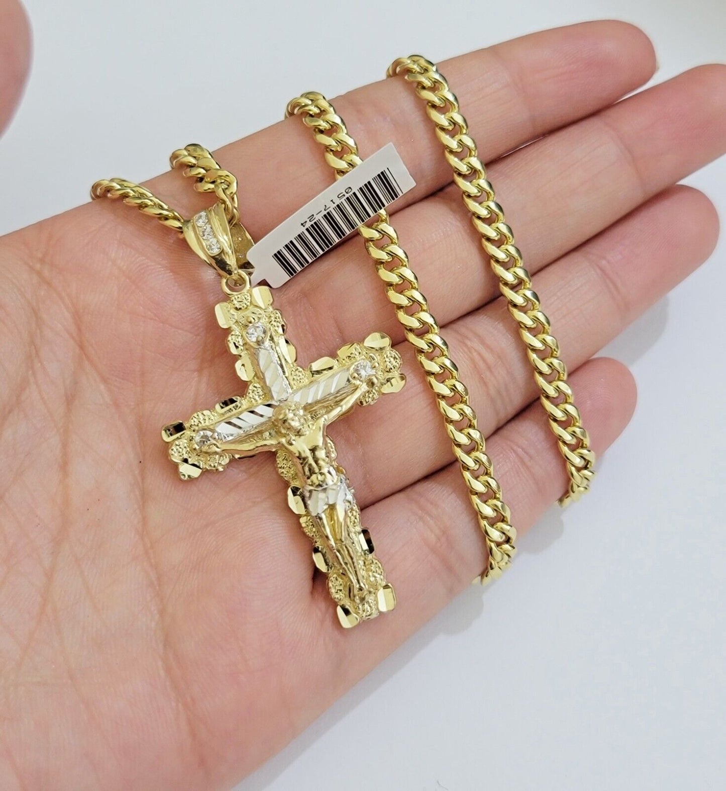 Real 10k Gold Cross Pendant Necklace 26 Inch SET Chain 5mm Miami Cuban Link 10KT