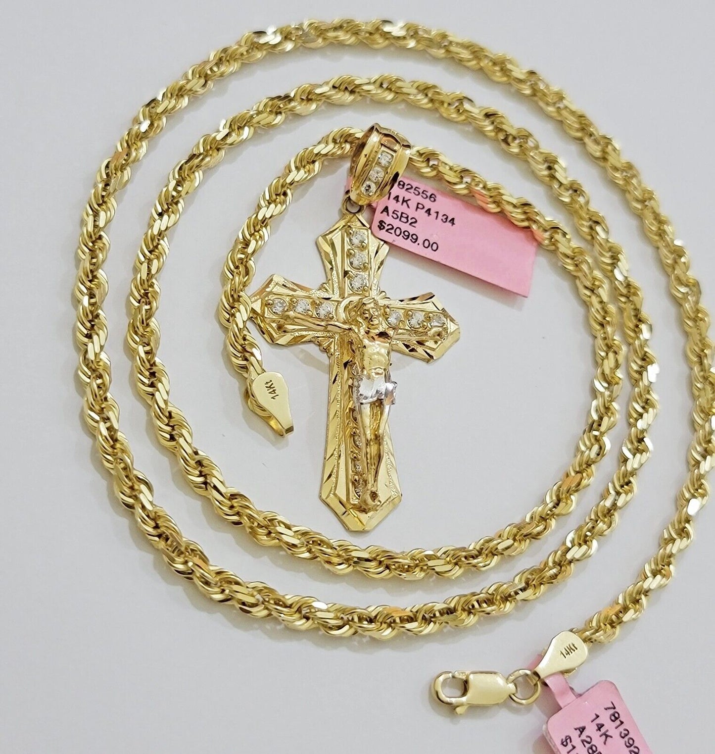 REAL 14k Gold Rope Necklace Cross Charm Pendant SET SOLID 4mm 24 Inch Chain Mens