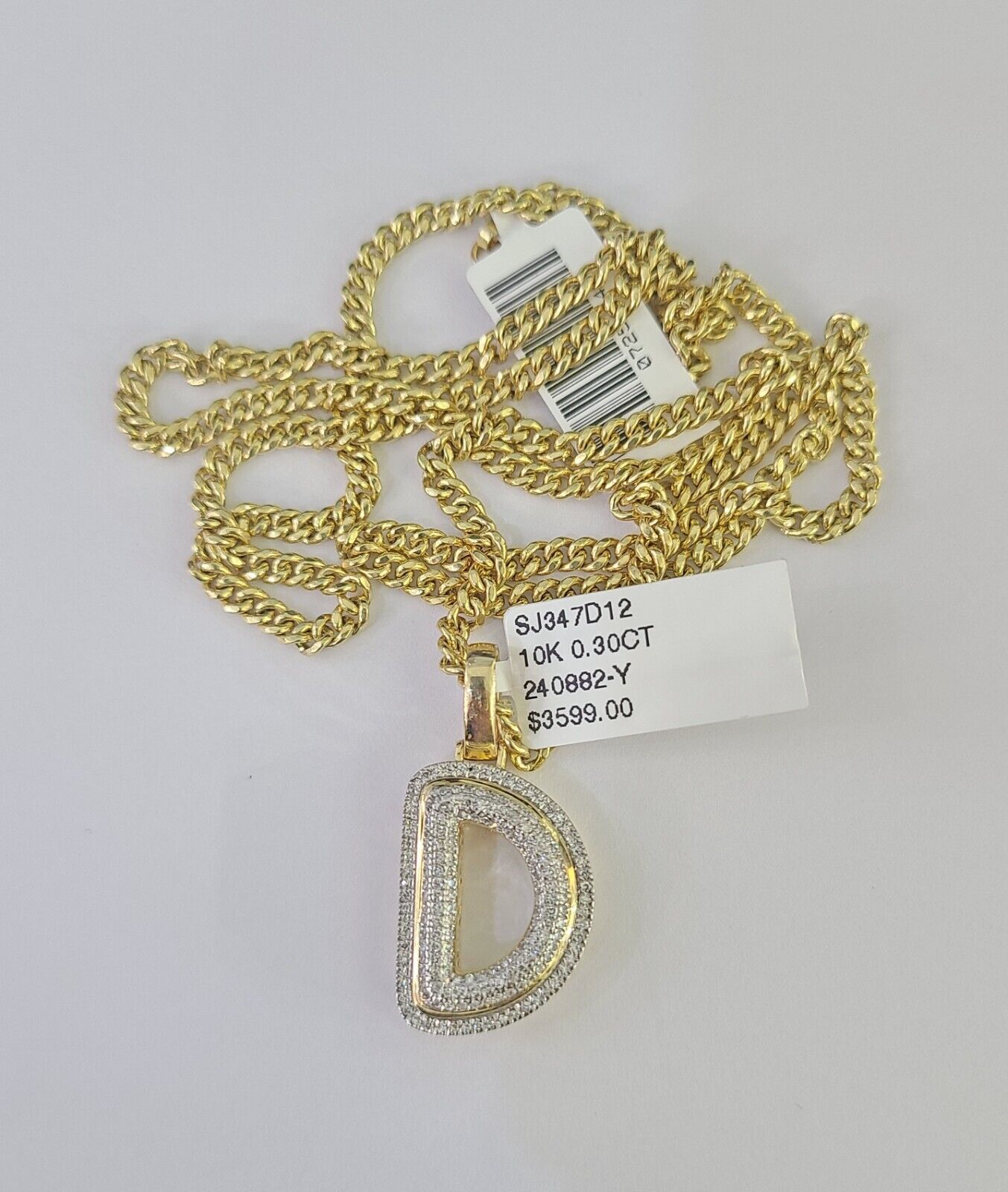 Real 10k Gold Necklace Chain Diamond D Alphabet Charm SET 3mm Miami Cuban Link