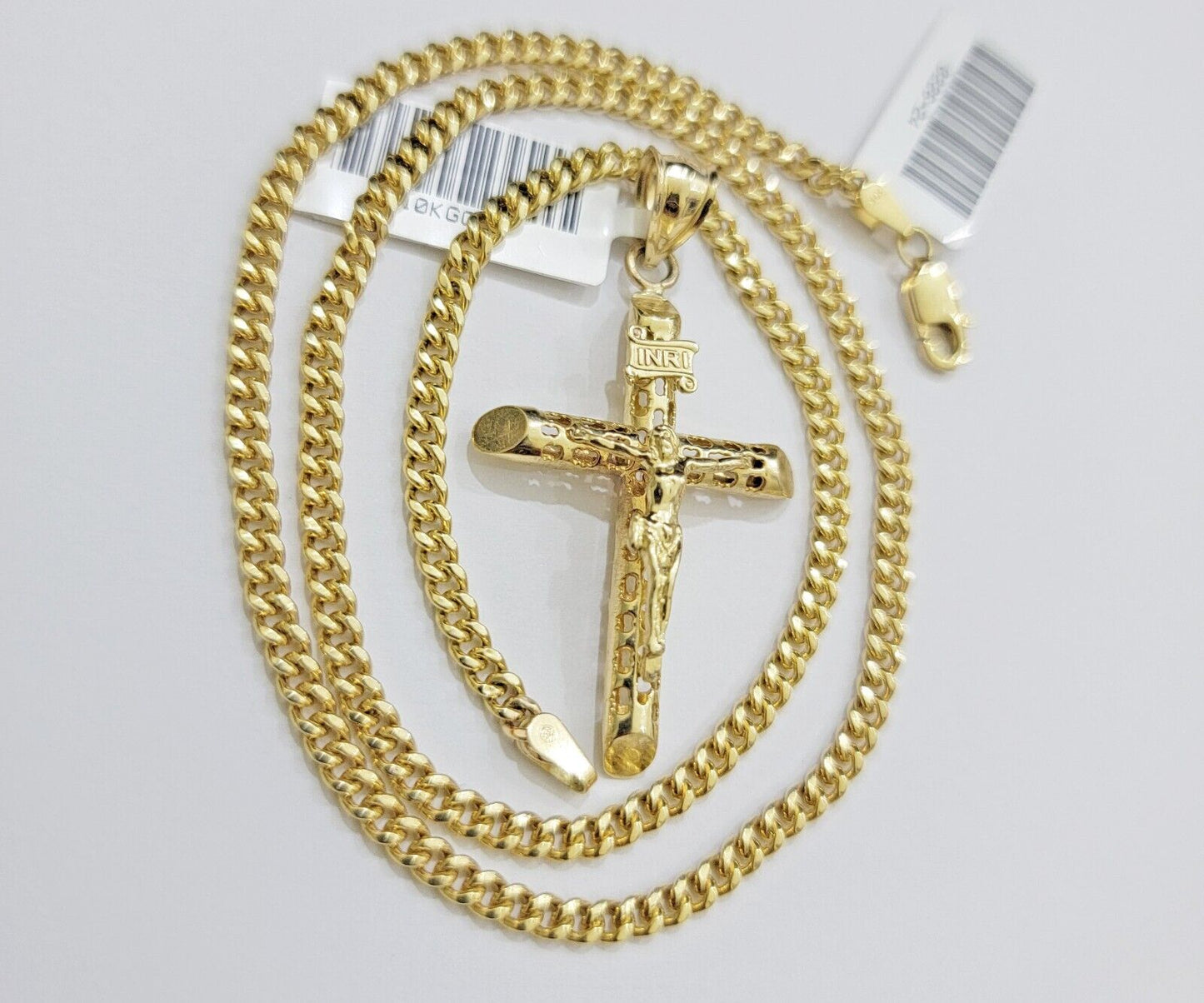 Real 10k Gold Chain Jesus Cross Charm Pendant SET 3mm Miami Cuban Link Necklace