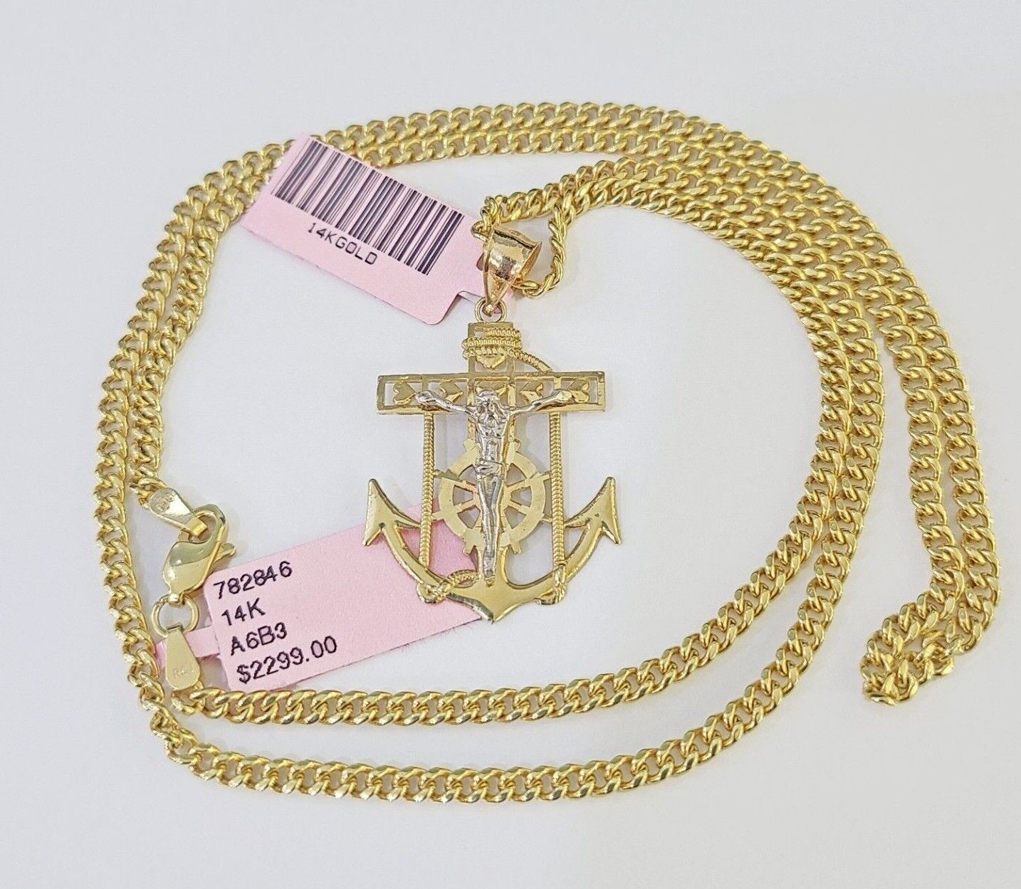 Real 14k Yellow Gold Jesus Anchor Charm Pendant &Miami Cuban Link Chain Necklace