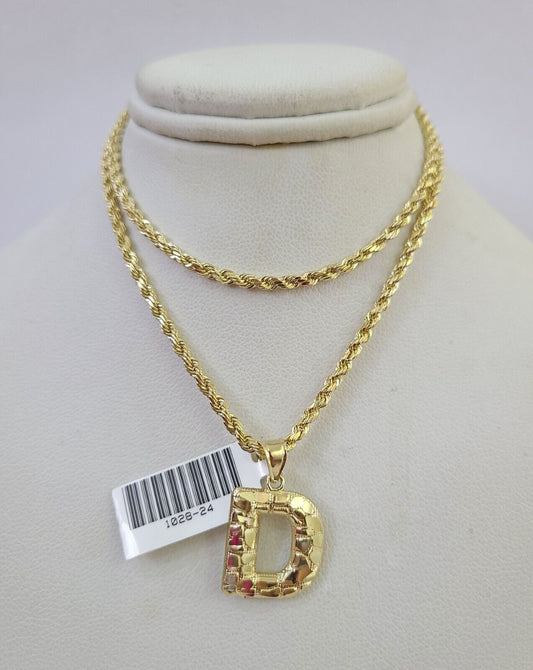 10k Gold Initial D Charm Rope Chain 16"-26" 2.5mm SET Necklace Alphabet Pendant