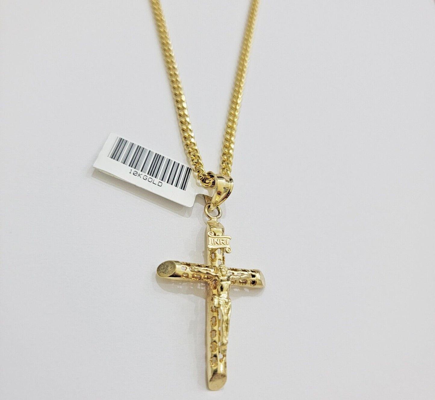 Real 10k Gold Chain Jesus Cross Charm Pendant SET 3mm Miami Cuban Link Necklace