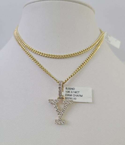 Real 10k Gold Necklace Chain Diamond Y Alphabet Charm SET 3mm Miami Cuban Link