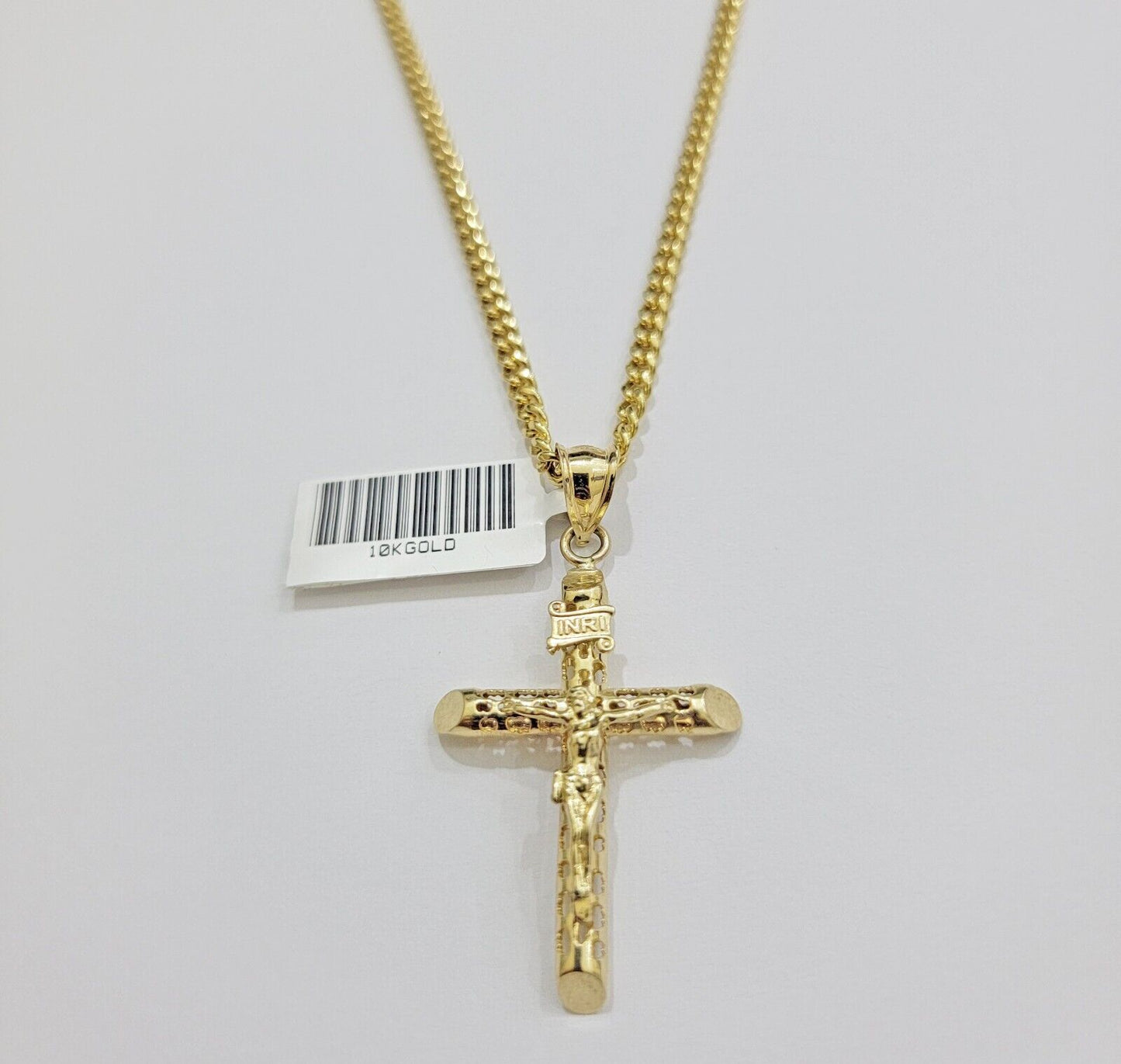 Real 10k Gold Chain Jesus Cross Charm Pendant SET 3mm Miami Cuban Link Necklace