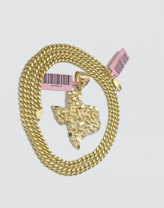 14k Yellow Gold Miami Cuban Chain 28 Inch Necklace Texas Map Charm Pendant Real