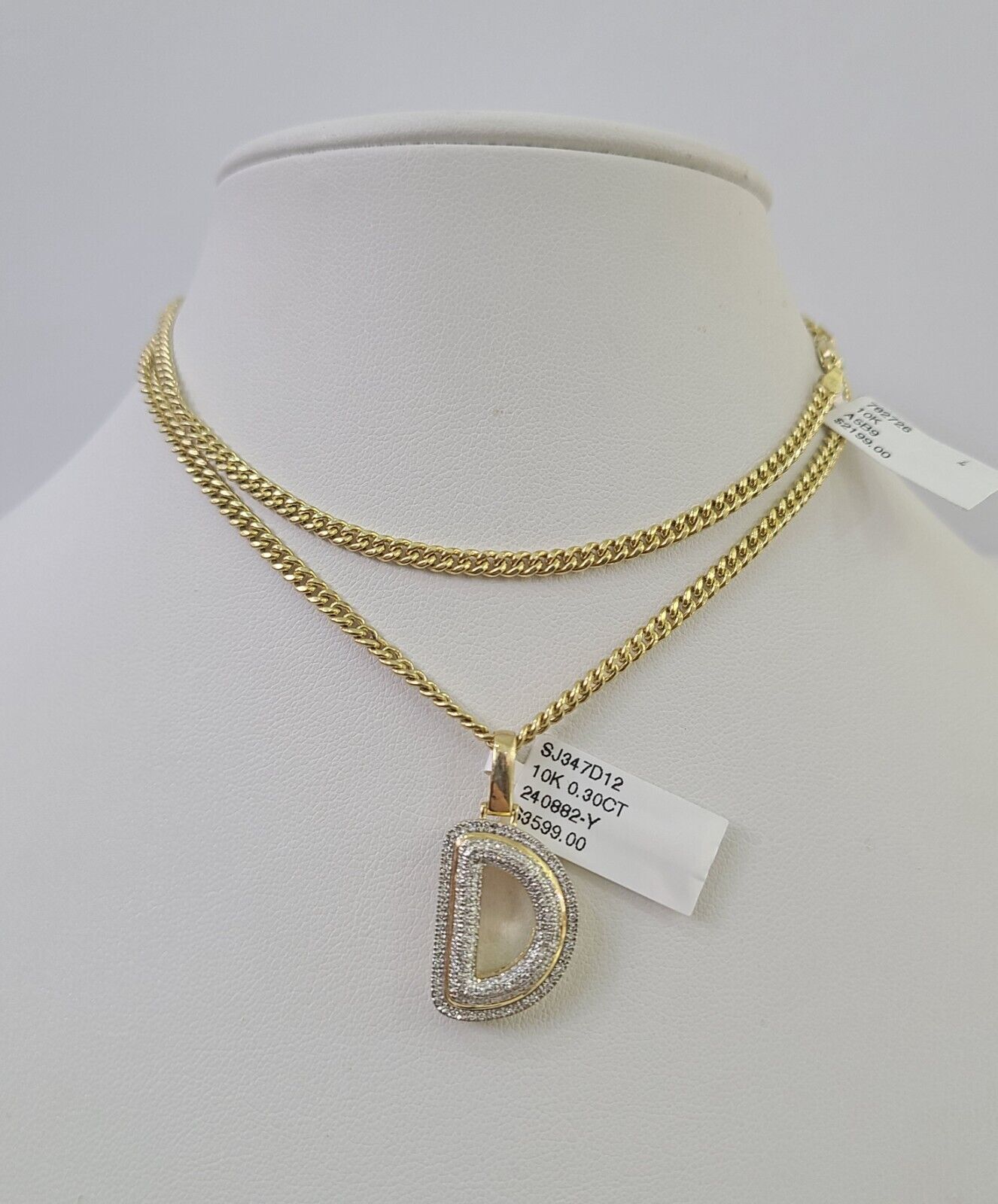 Real 10k Gold Necklace Chain Diamond D Alphabet Charm SET 3mm Miami Cuban Link
