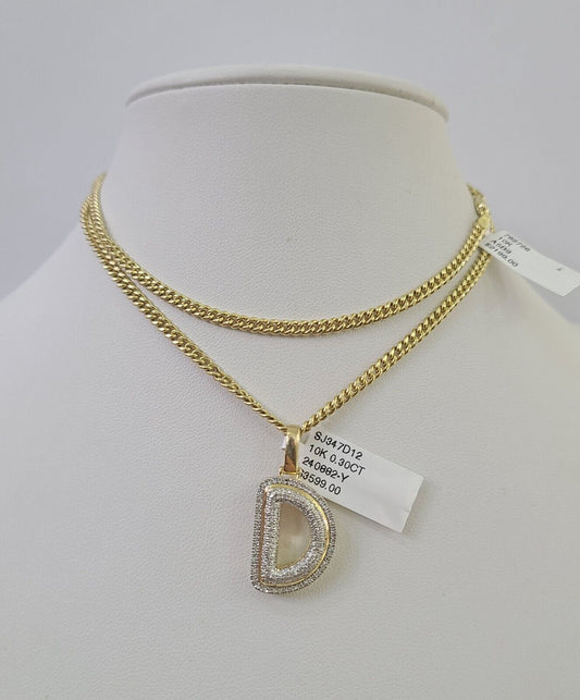 Real 10k Gold Necklace Chain Diamond D Alphabet Charm SET 3mm Miami Cuban Link