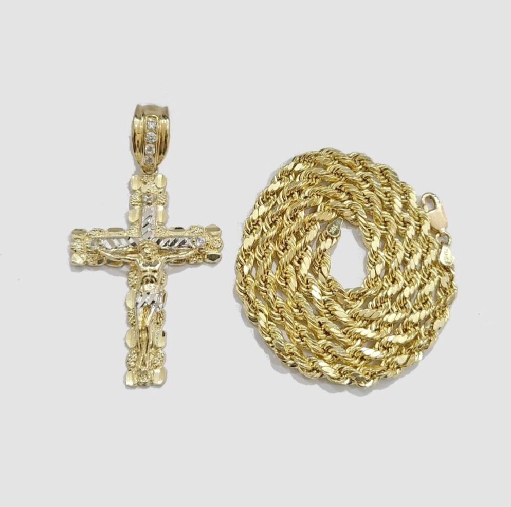 Real 10k Gold Rope Chain Jesus Cross Charm SET 4mm 20'' Necklace & Pendant Men's
