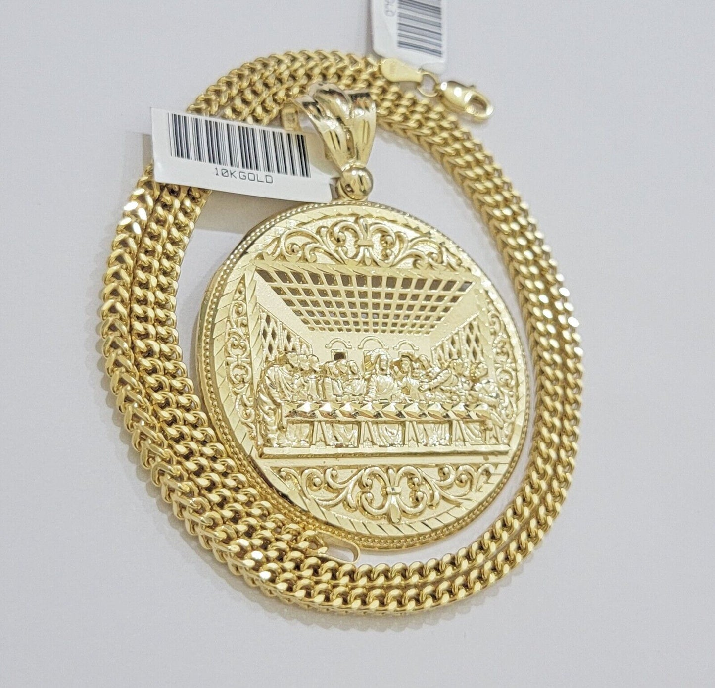 REAL 10k Gold Franco Chain Necklace 26 Inch Last Supper Pendant SET 10KT For Men