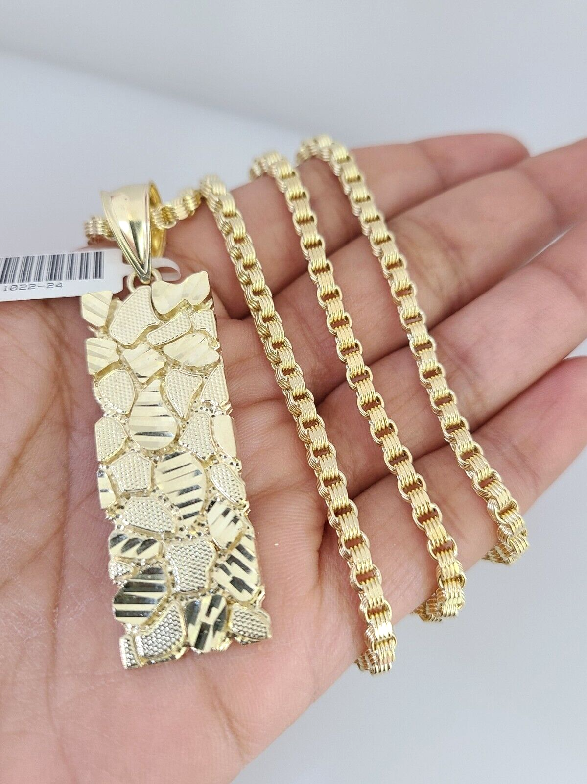 Real 10k Yellow Gold chain & Nugget Charm Pendant SET Necklace 3mm Byzantine 26"