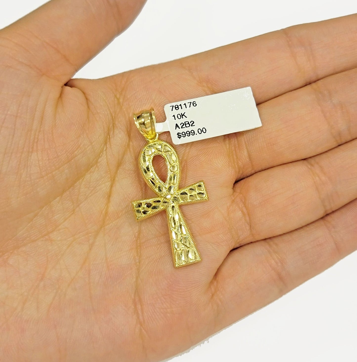 Real 10k Yellow Gold Ankh Cross charm Nugget Pendant 2 Inch For Men's 10 KT / AS