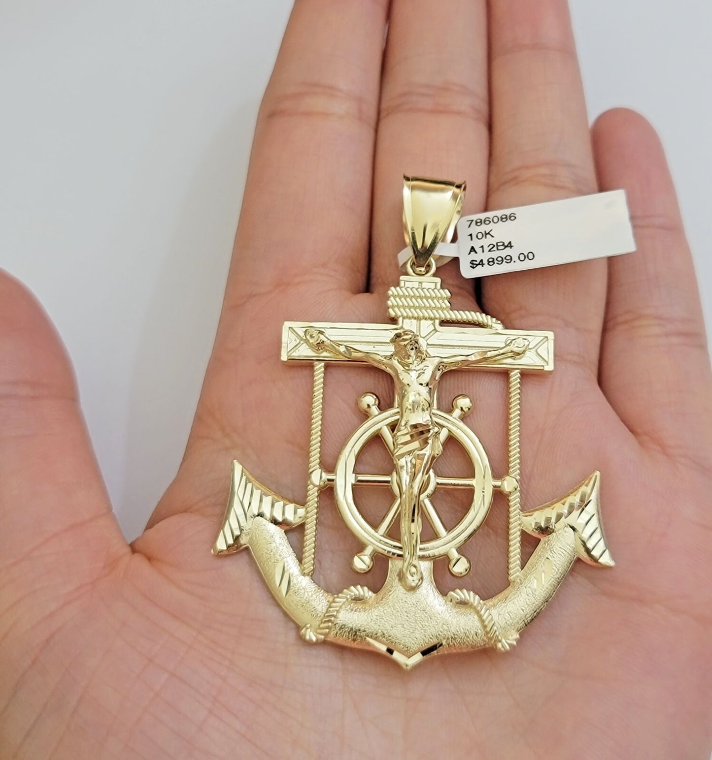 Real 10k Yellow Gold charm Pendant Anchor Cross 2.5 Inch For Men's 10KT / CAL