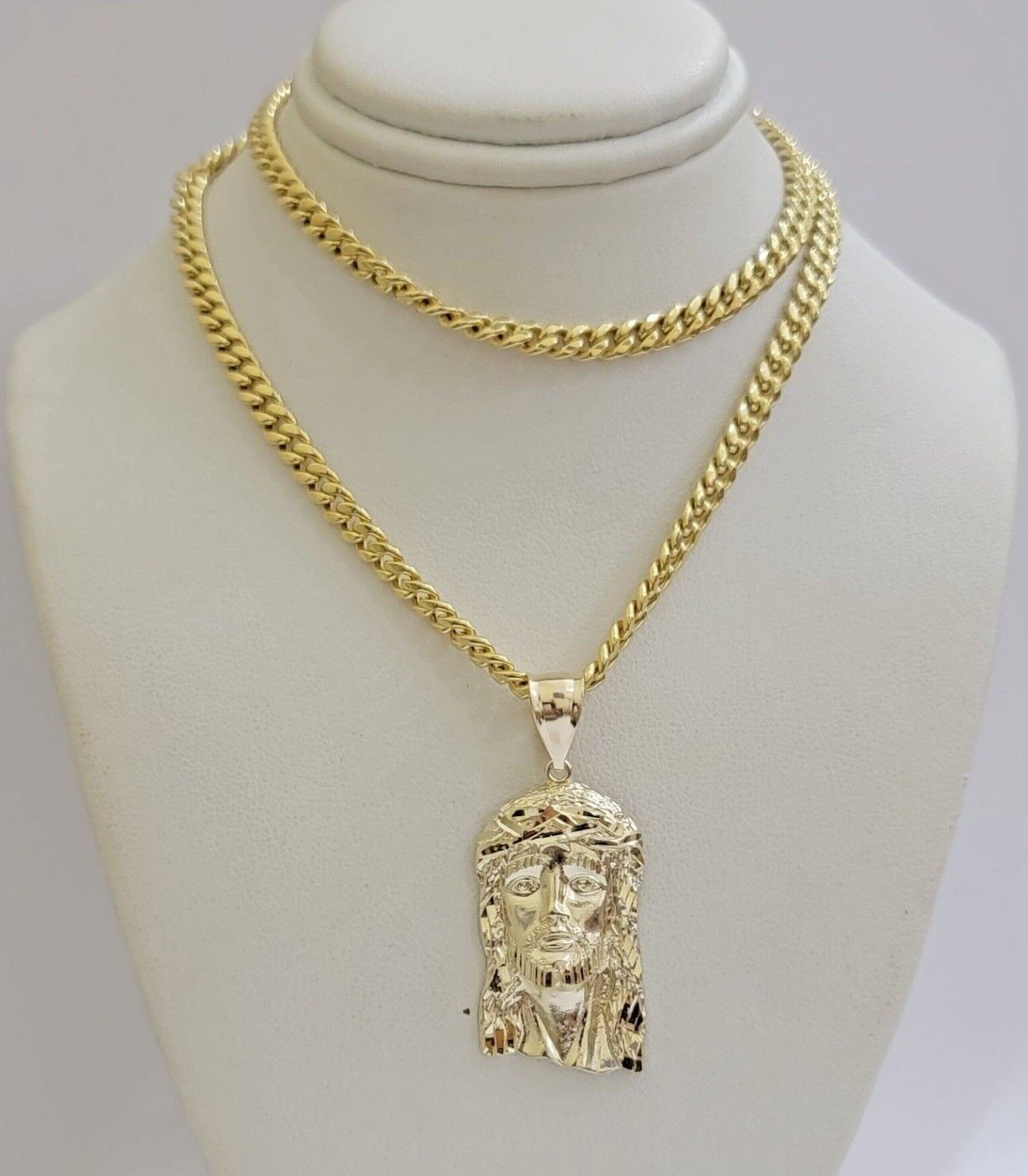REAL 10k Gold Chain Necklace Charm Pendant SET, 5mm Miami Cuban Link, Jesus Head