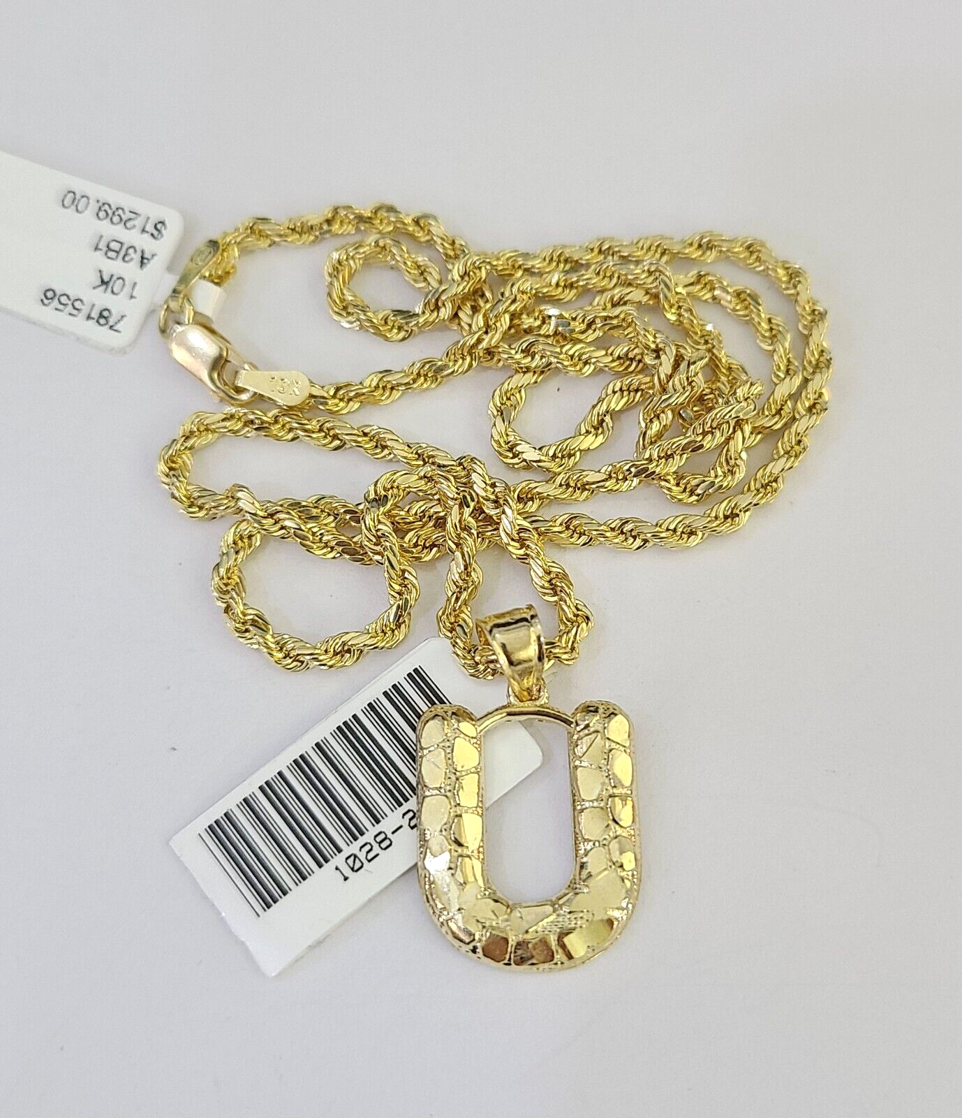 10k Gold Initial U Charm Rope Chain 16"-26" 2.5mm SET Necklace Alphabet Pendant