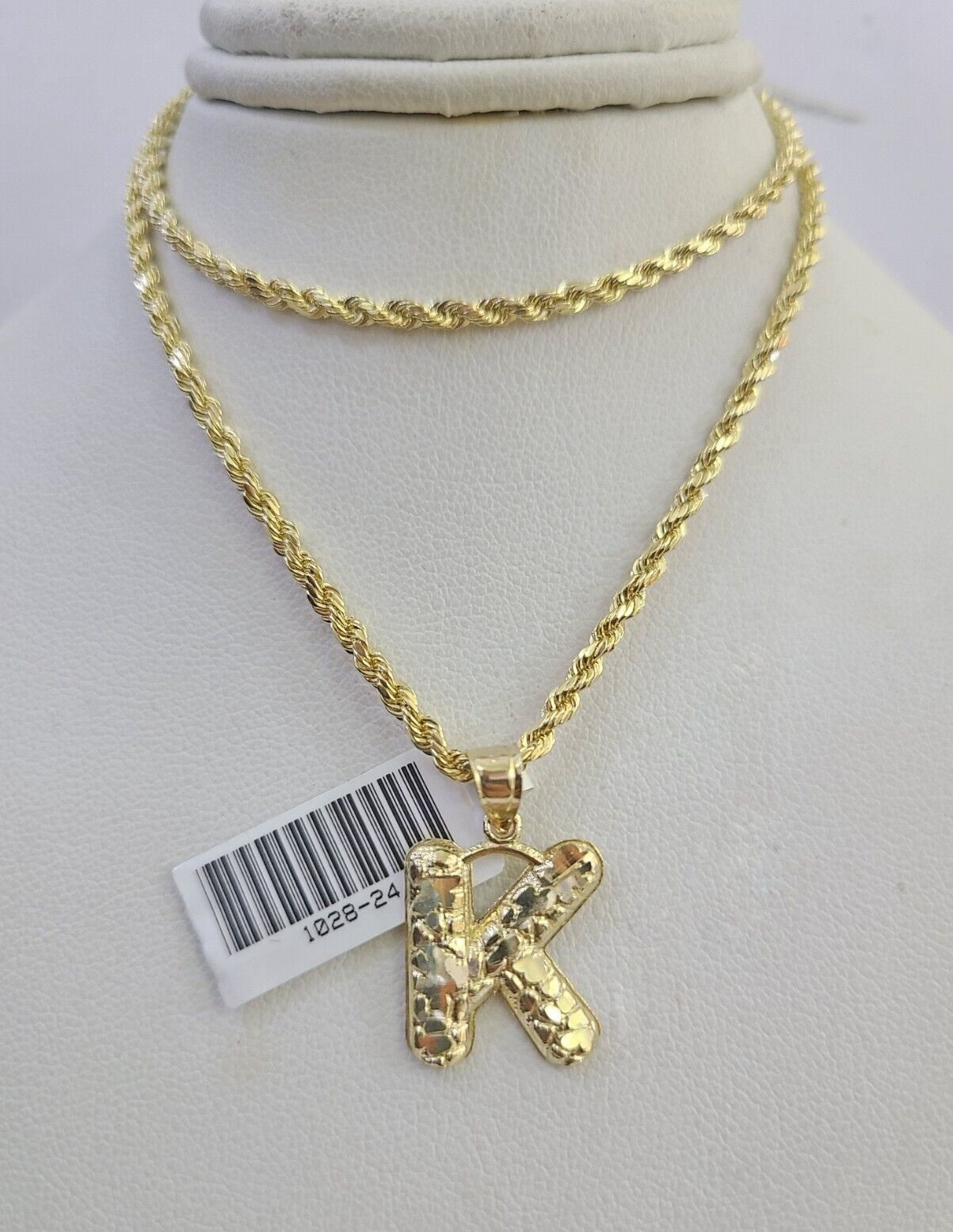 10k Gold Initial K Charm Rope Chain 16"-26" 2.5mm SET Necklace Alphabet Pendant