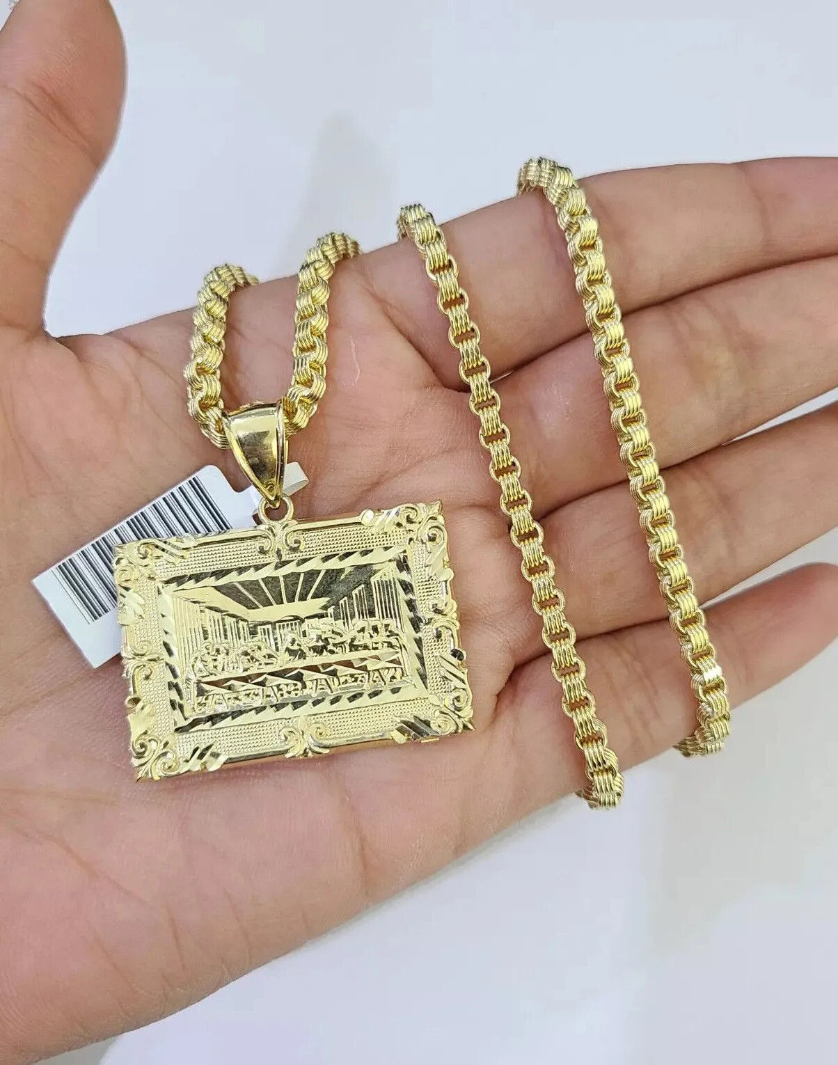 10k Gold Byzantine Chain Necklace Last supper charm Pendant SET REAL 10kt Men's